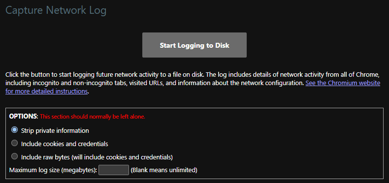 The chrome://net-export capture screen, showing the Start Logging to Disk button and the three capture-mode options.