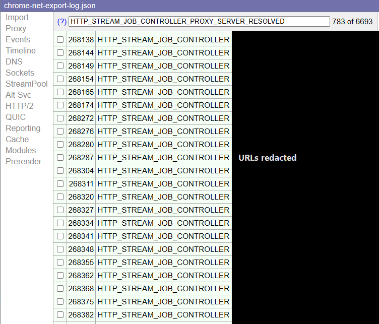 The NetLog viewer Events tab, filtered to HTTP_STREAM_JOB_CONTROLLER_PROXY_SERVER_RESOLVED, showing 783 matching events out of 6693. The URL column is redacted.
