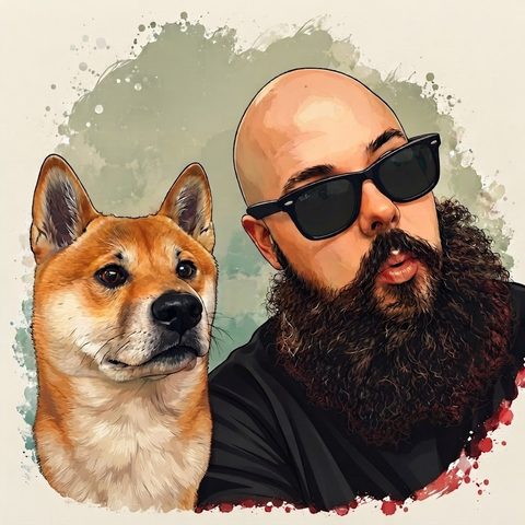 Illustrated portrait of Robert — bald, bearded, sunglasses — with his Shiba Inu